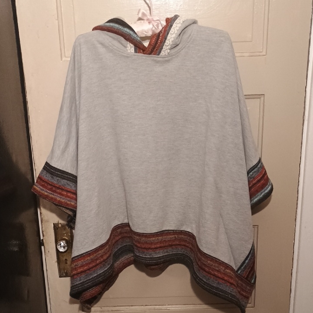 Striped Trim Hooded Poncho